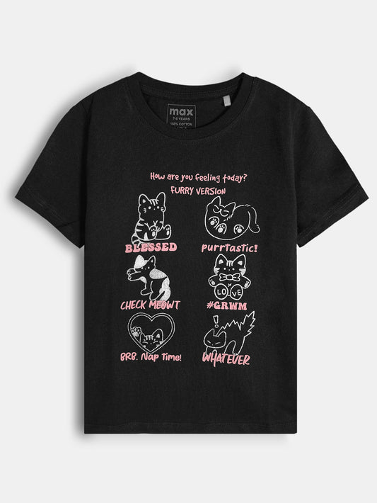 Girls Printed Black T-Shirt