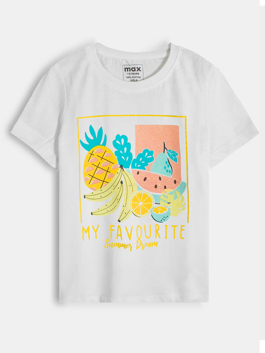 Girls Glitter Printed White T-Shirt