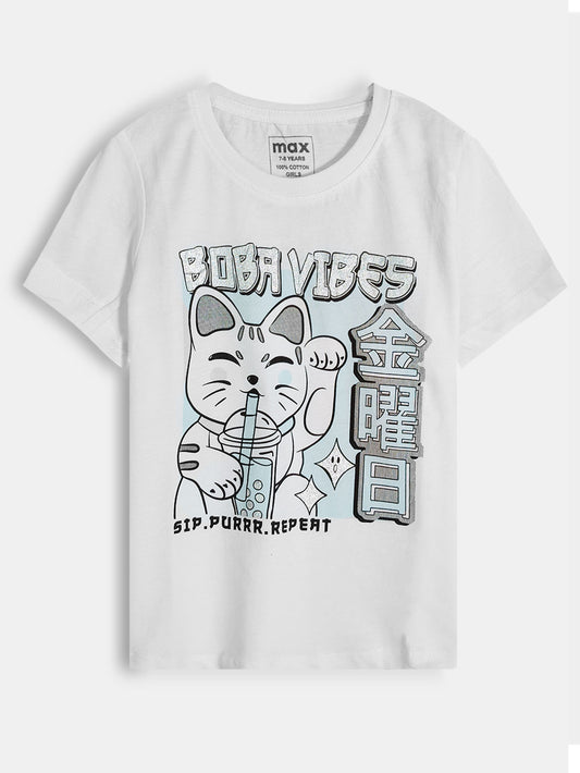 Girls Foil Printed White T-Shirt