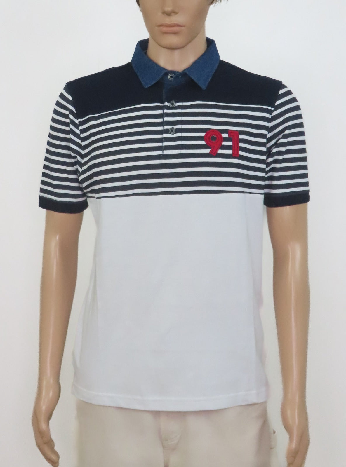 Mens Polo White / Black Striped