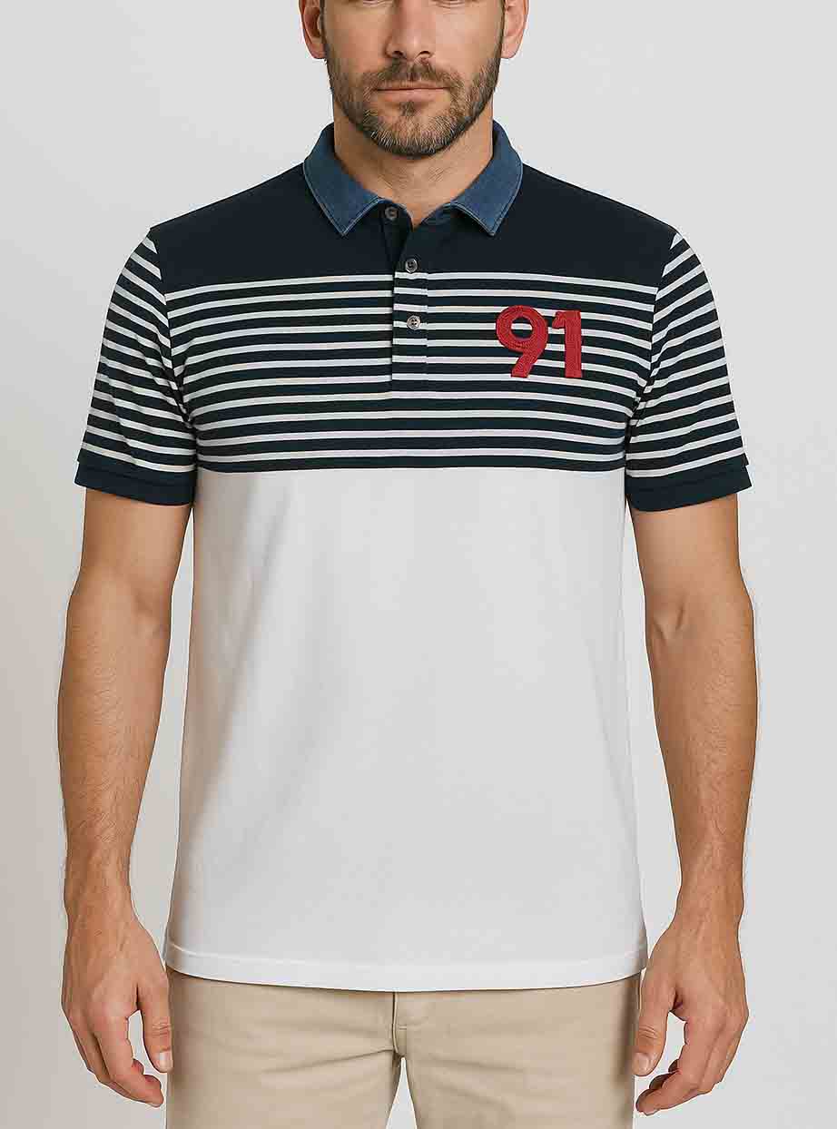 Mens Polo White / Black Striped