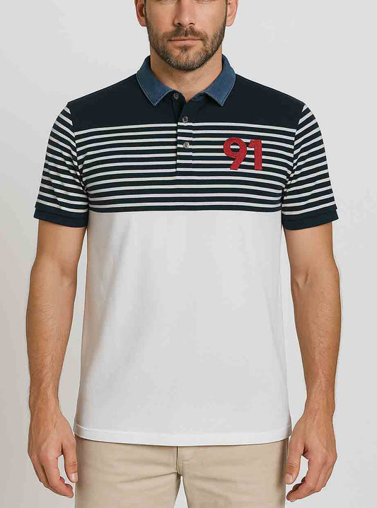 Mens Polo White / Black Striped