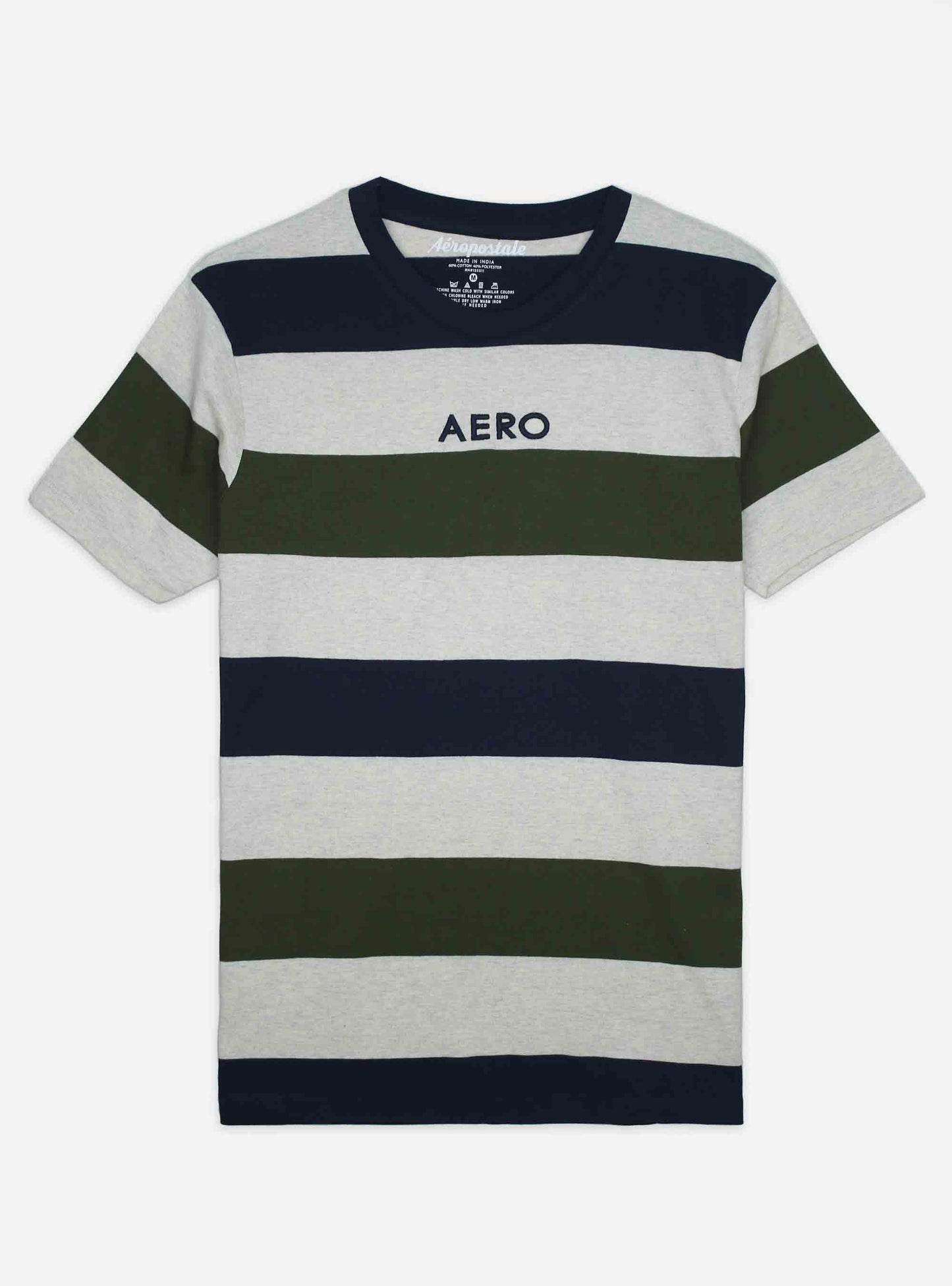 Mens Navy Ecru Peach Striped T SHirt