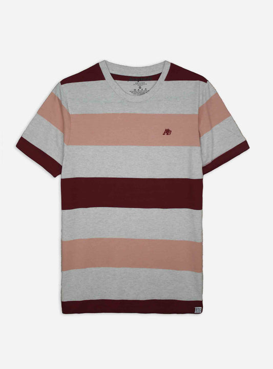 Mens Maroon Ecru Peach Striped T Shirt