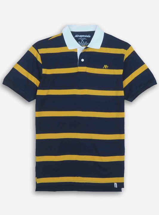 Mens Yellow - Navy Rugby Striped Polo