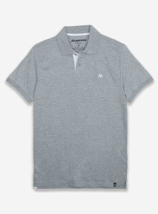 Mens Collar T Shirt Grey Melange - White