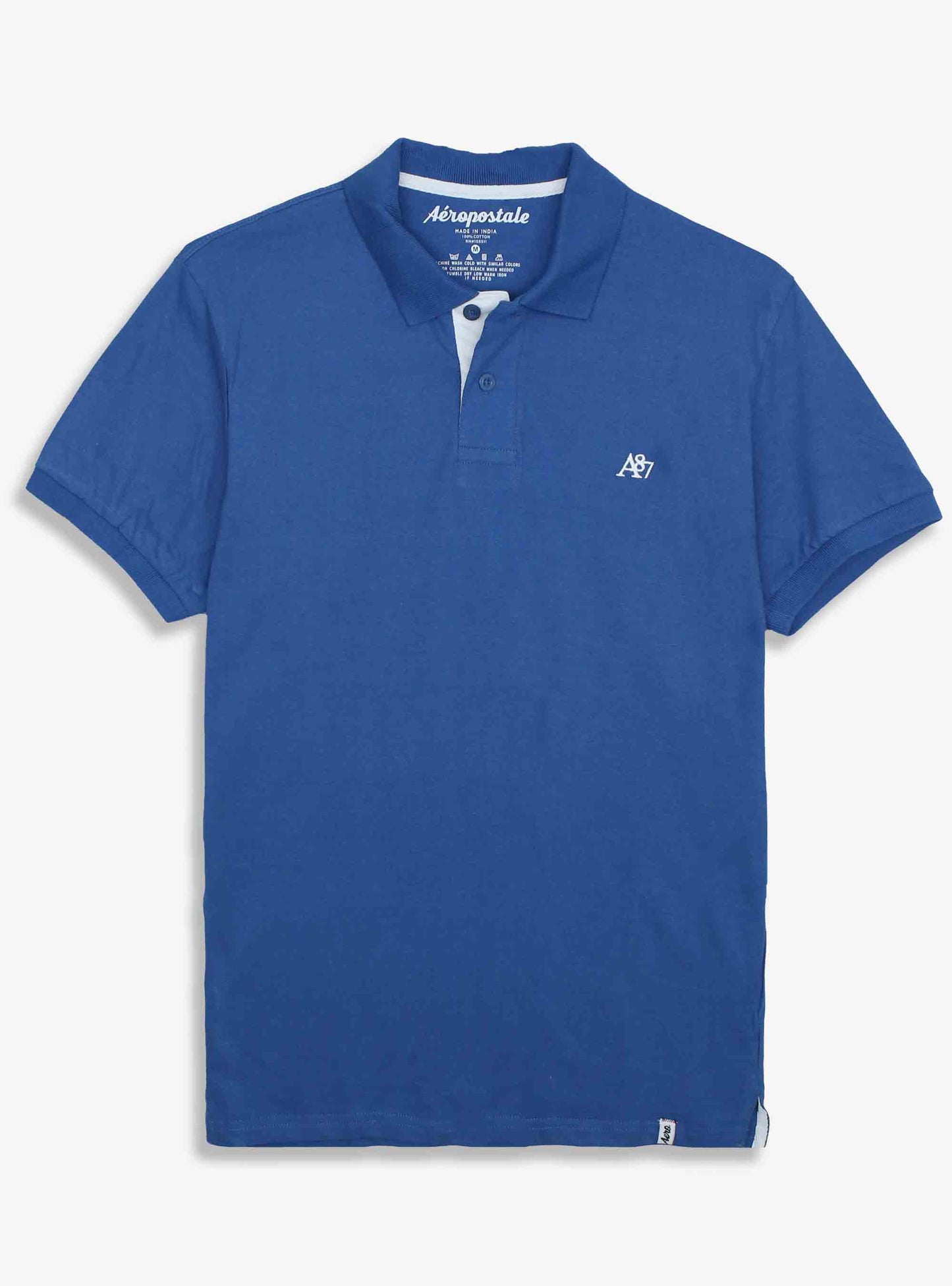 Mens Collar T Shirt Mid Blue-White