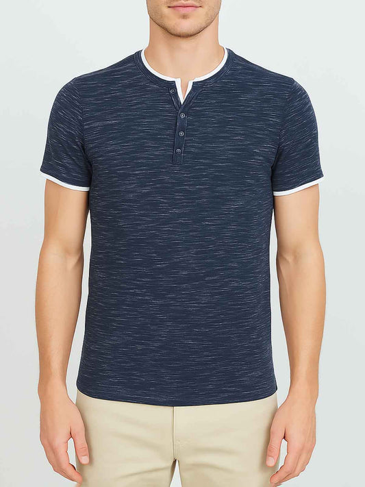 Mens Slub Knit Henley T Shirt Navy
