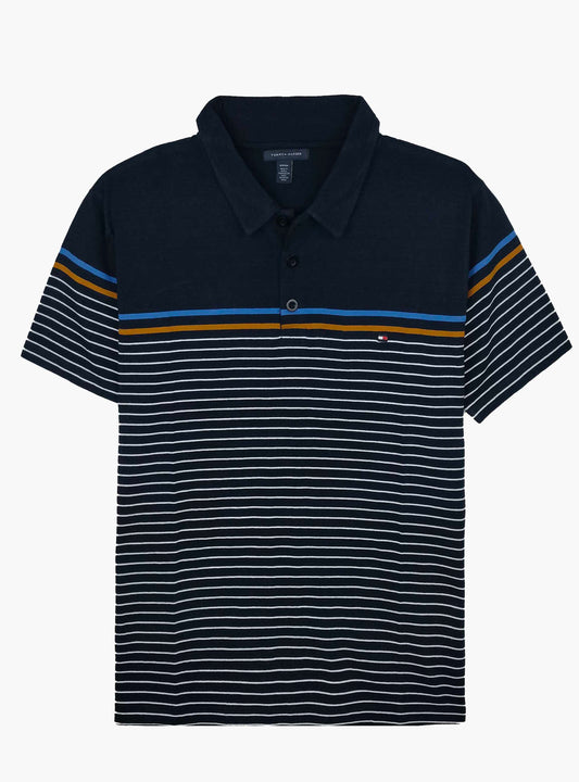 Mens Striped Navy Yellow Polo