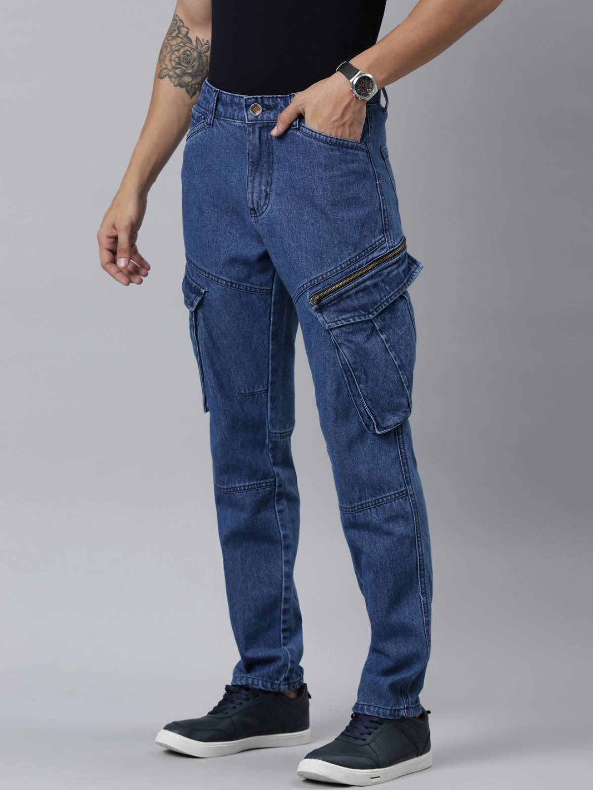 Mens Denim Blue Cargo Jeans
