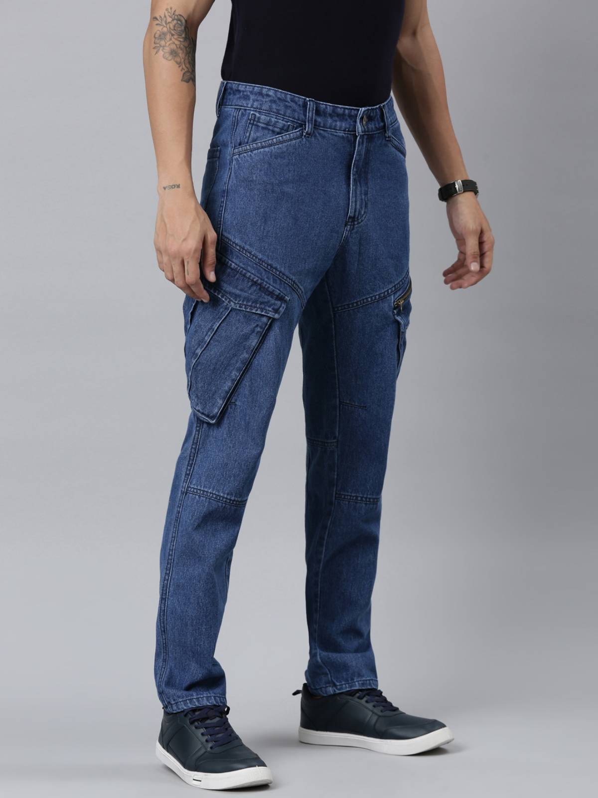 Mens Denim Blue Cargo Jeans