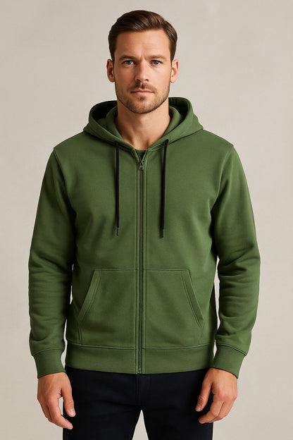 Mens Hooded  Full Zipper Green Sweatshirt