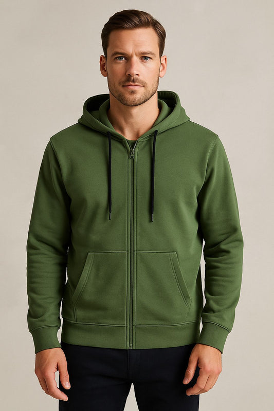 Mens Hooded  Full Zipper Green Sweatshirt