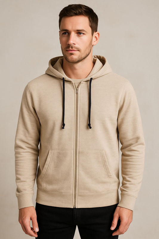 Mens Hooded Full Zipper Beige Sweatshirt