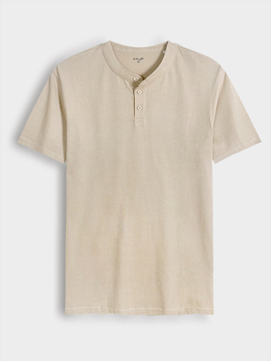 Mens Henley Neck Beige T-Shirt