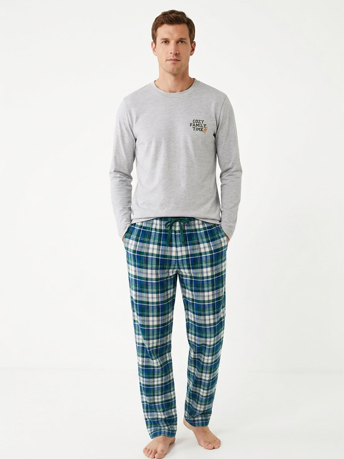 Mens Full Pant Set Pyjama Ecru