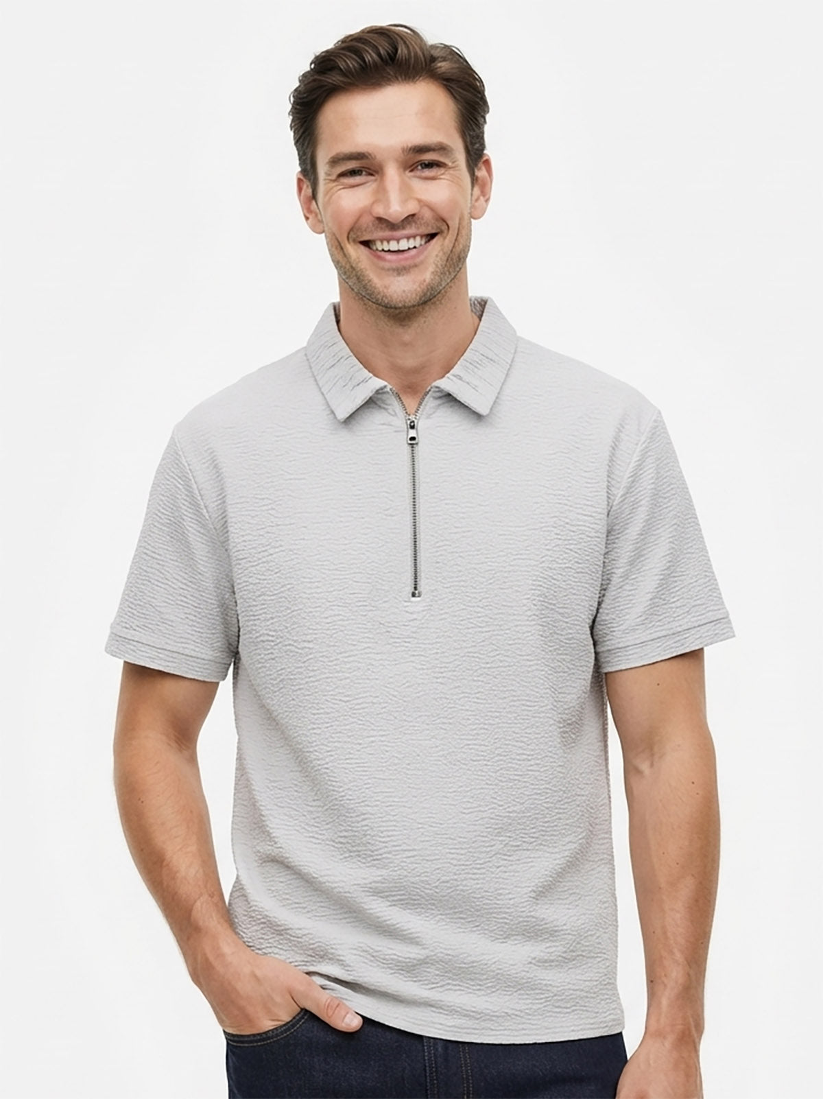 Mens Half Zipper Polyester Grey Polo
