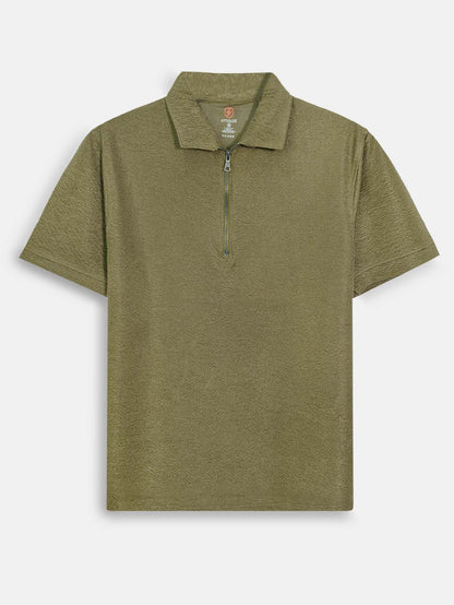 Mens Half Zipper Polyester Olive Polo
