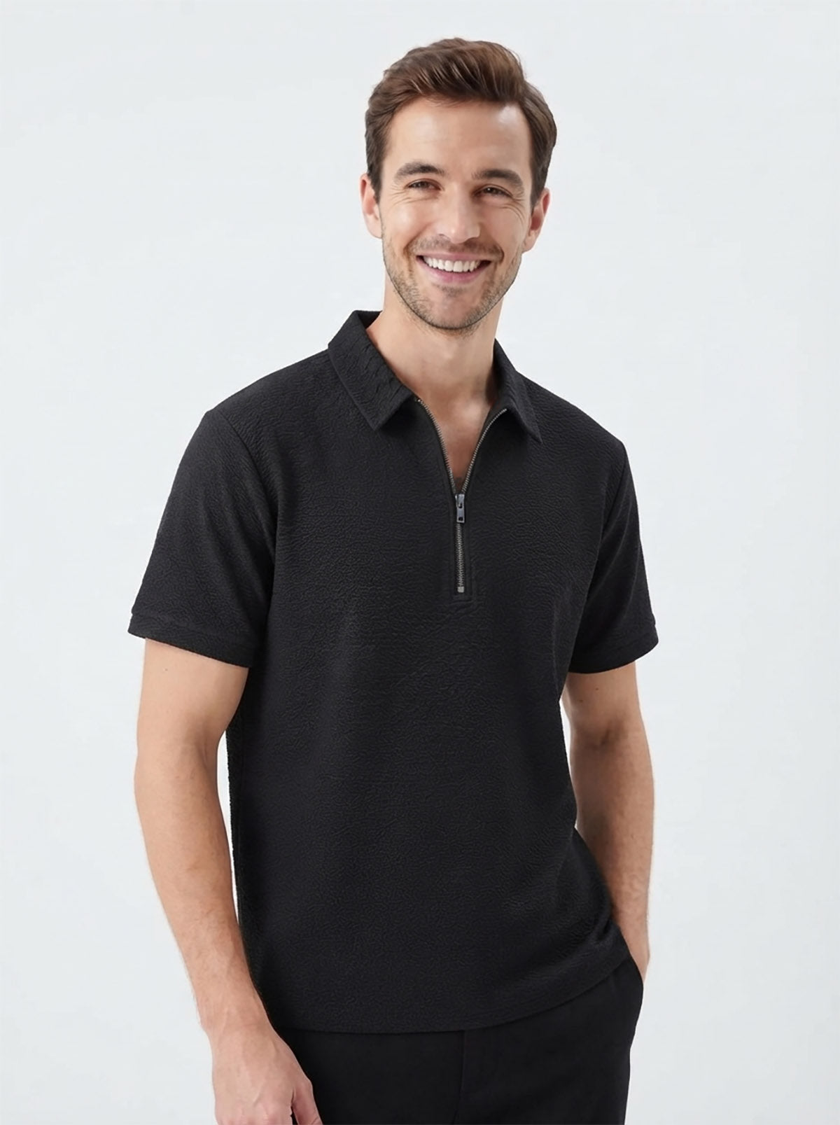 Mens Half Zipper Polyester Black Polo