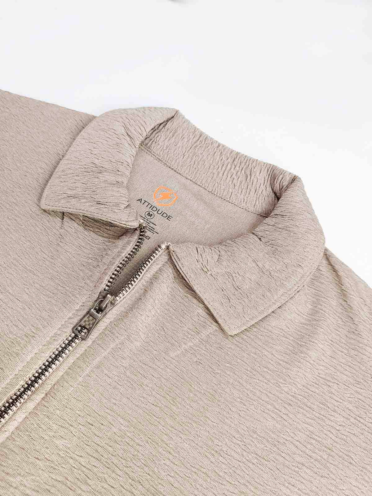 Mens Half Zipper Polyester Beige Polo