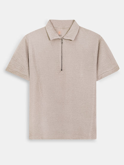 Mens Half Zipper Polyester Beige Polo