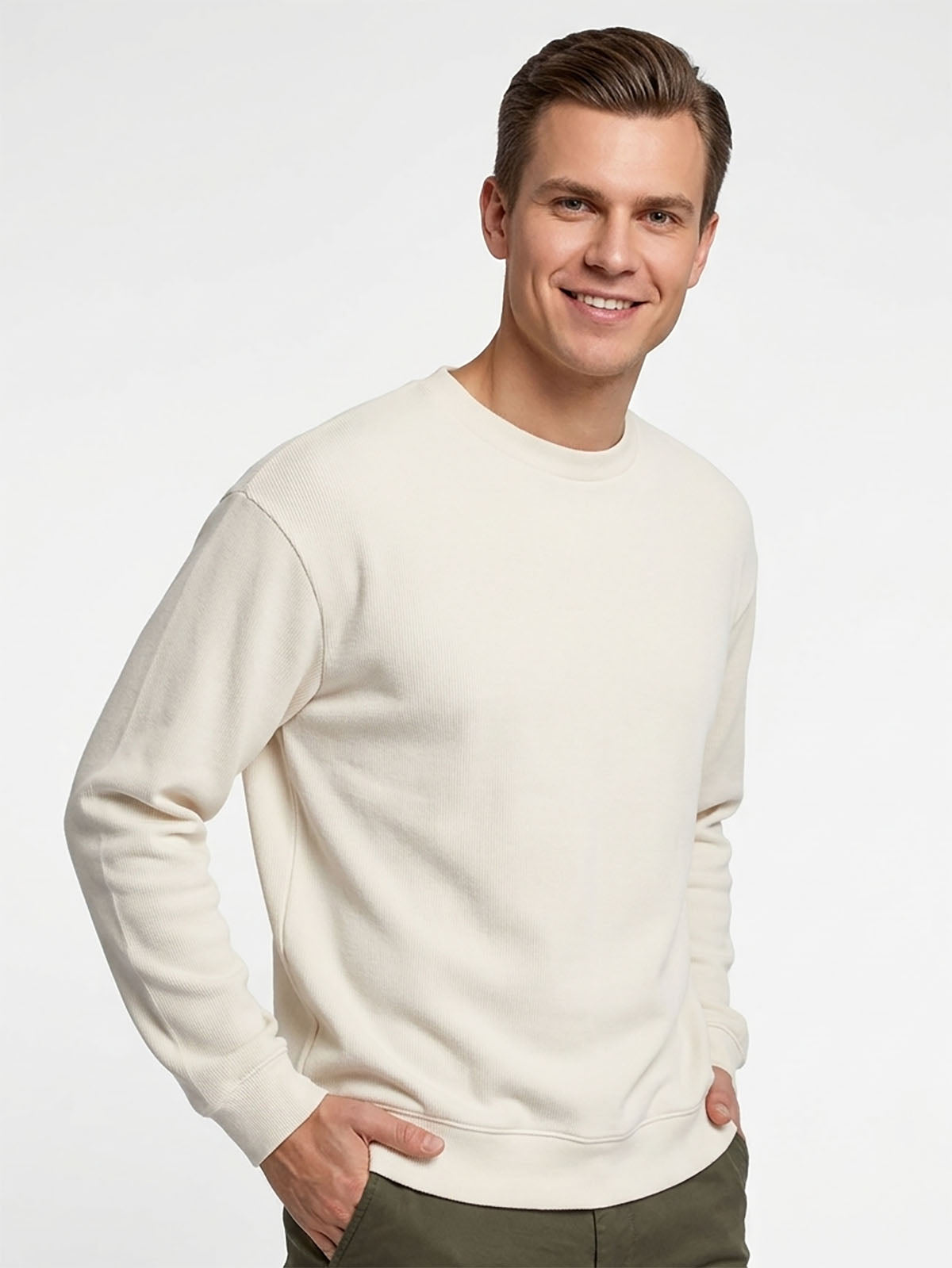 Mens Ribbed Crew Neck Beige Pullover