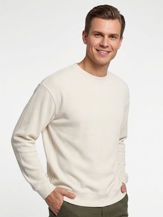 Mens Ribbed Crew Neck Beige Pullover