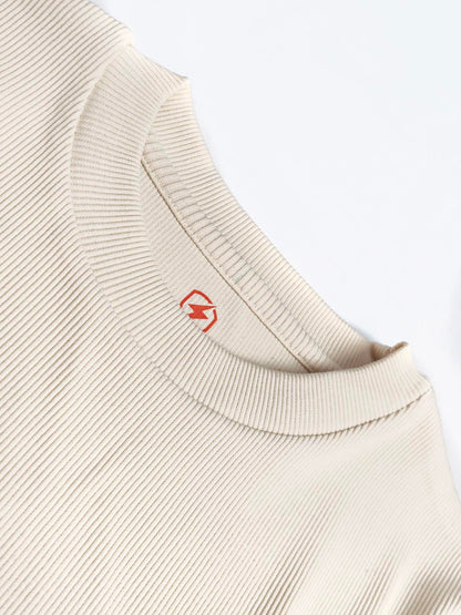 Mens Ribbed Crew Neck Beige Pullover
