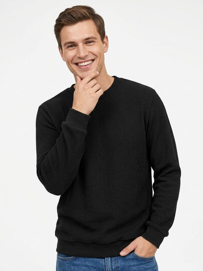 Mens Ribbed Crew Neck Black Pullover