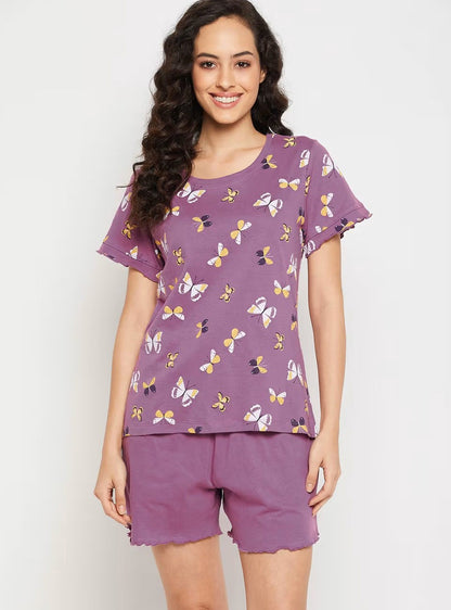 Ladies Printed Shorty Lilac AOP Pyjama Set