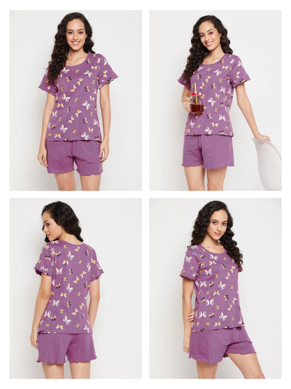 Ladies Printed Shorty Lilac AOP Pyjama Set