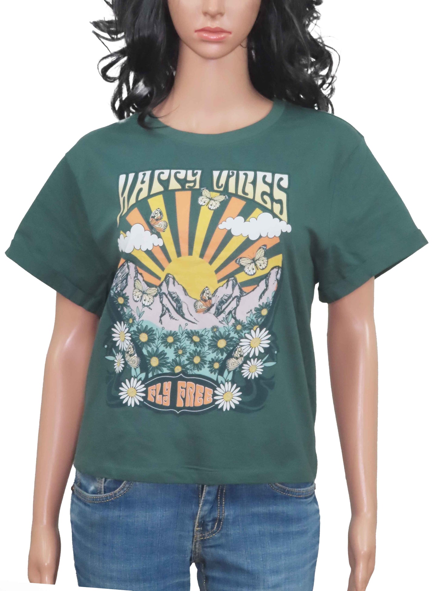 Ladies Printed Crop T Shirt Green