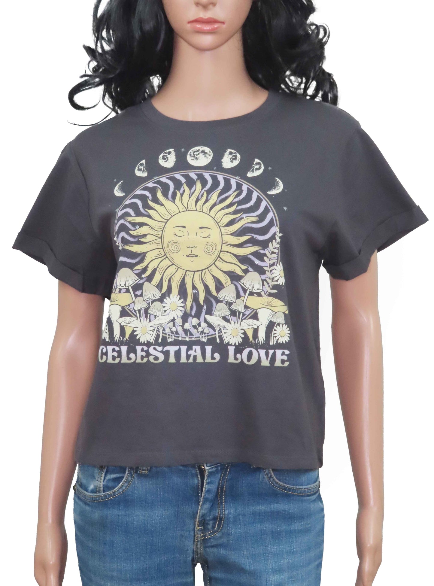 Ladies Printed Crop T Shirt Grey