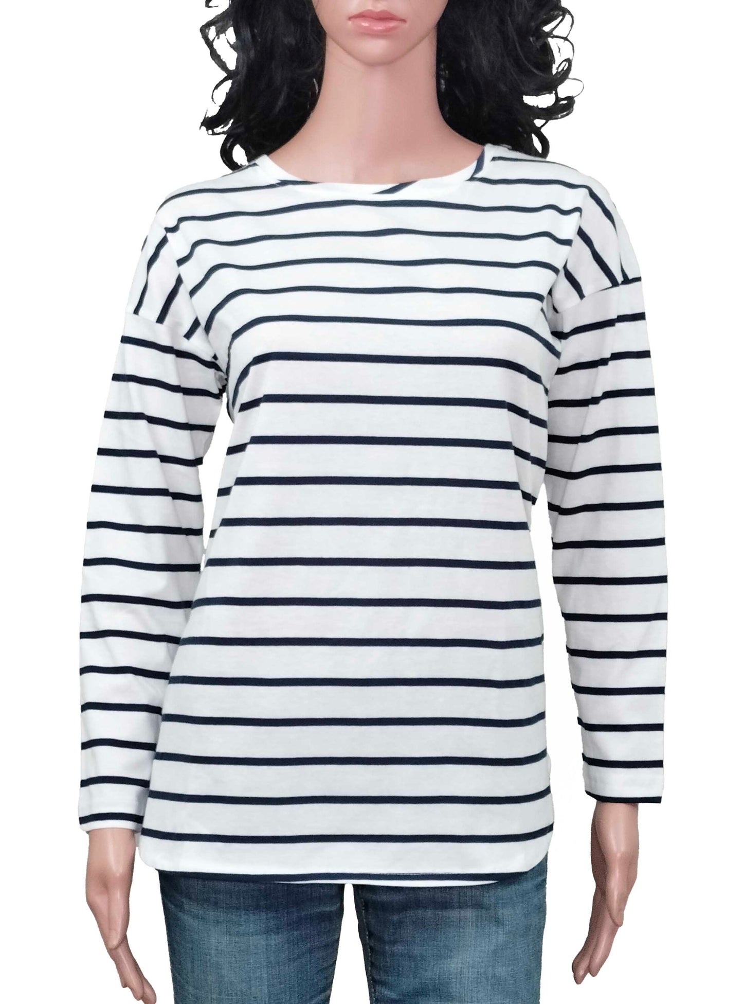 Ladies Striped Long Sleeve White Top