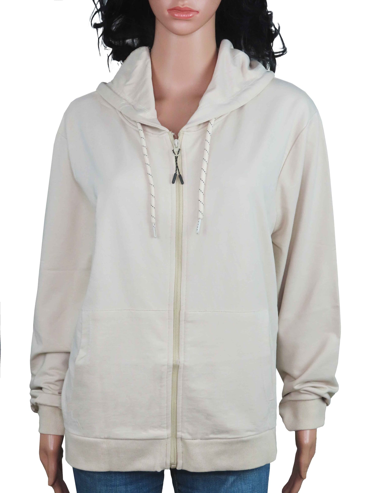 Ladies Hooded Full Zipper Sweatshirt Beige