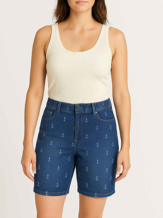 Ladies Oversize Printed Denim Shorts