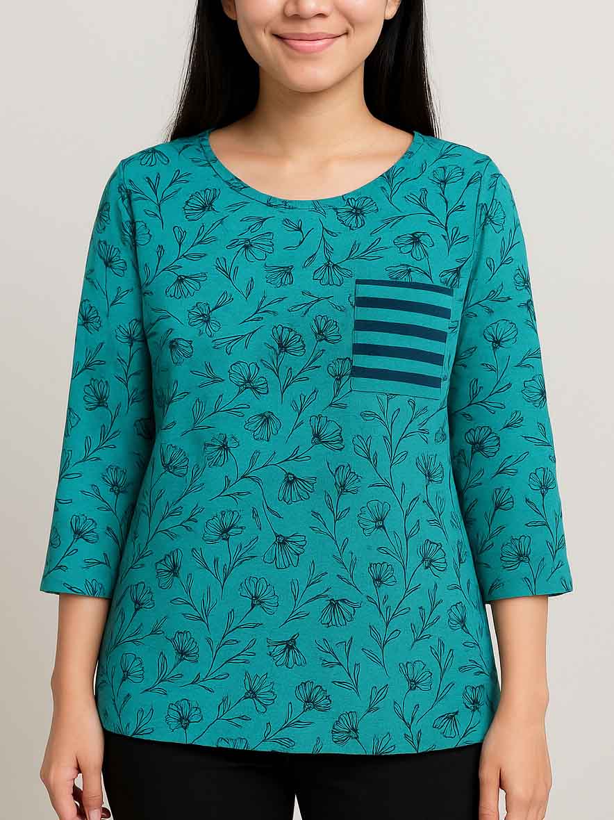 Ladies 3/4th Sleeve Green AOP Top