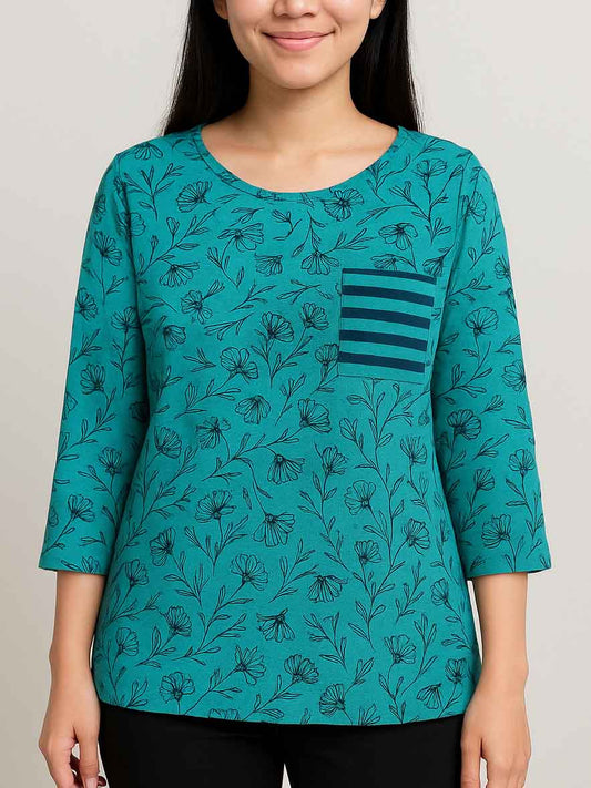 Ladies 3/4th Sleeve Green AOP Top