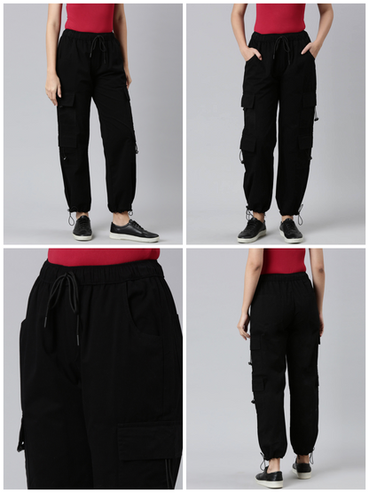 Ladies Cotton Black Cargo Pant