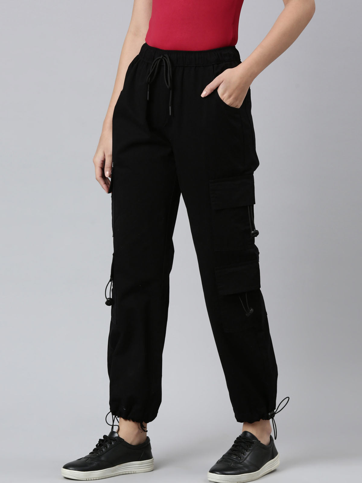 Ladies Cotton Black Cargo Pant