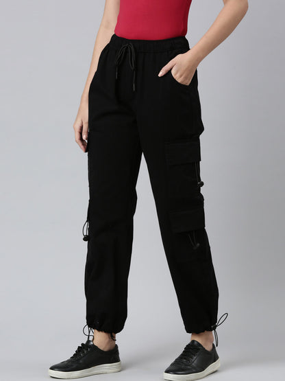 Ladies Cotton Black Cargo Pant