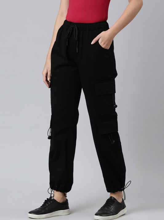 Ladies Cotton Black Cargo Pant