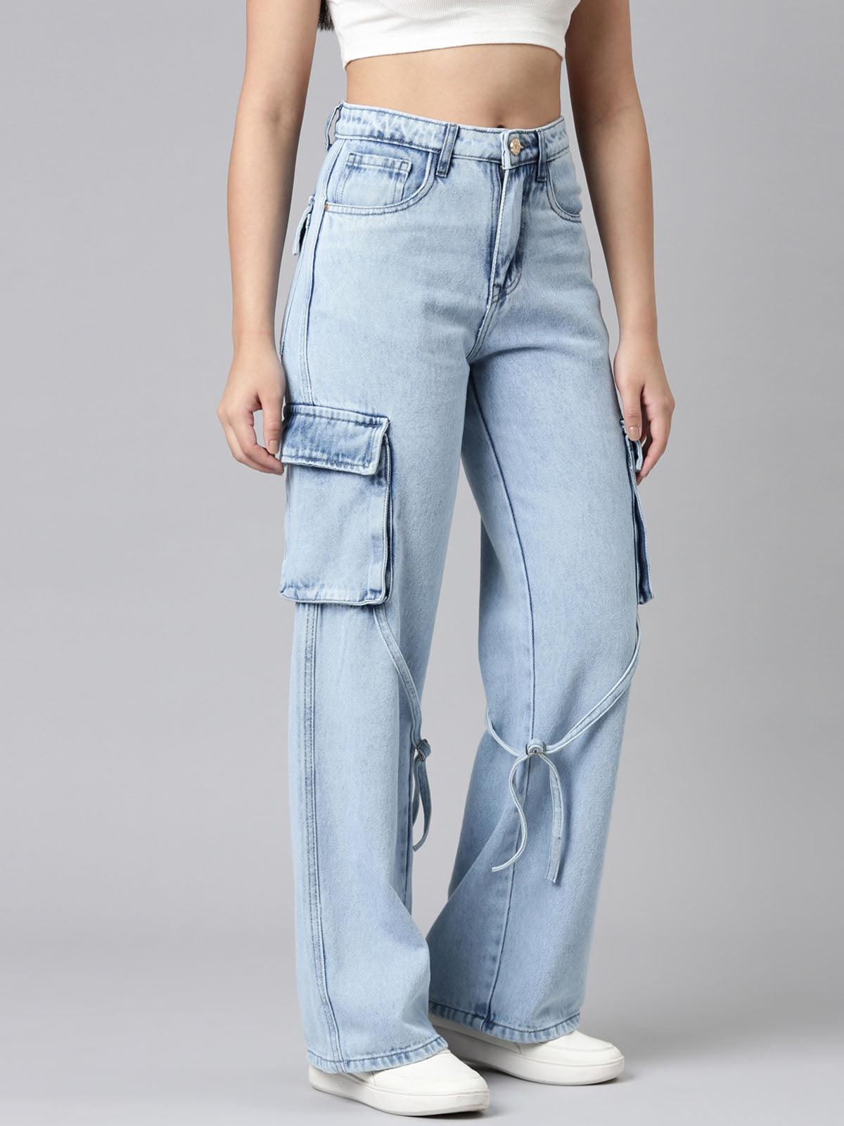 Ladies Washed Cargo Jeans Blue