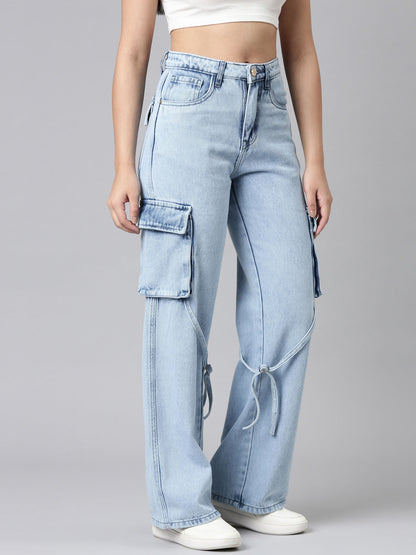 Ladies Washed Cargo Jeans Blue