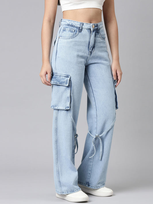 Ladies Washed Cargo Jeans Blue