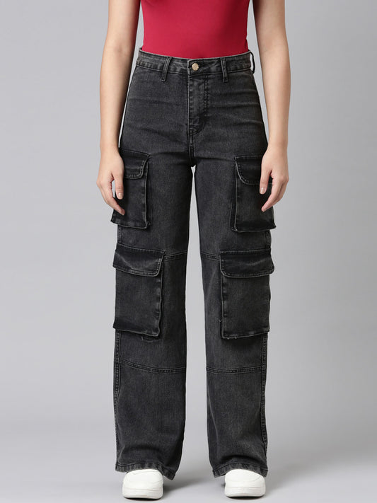 Ladies Washed Cargo Jeans Black