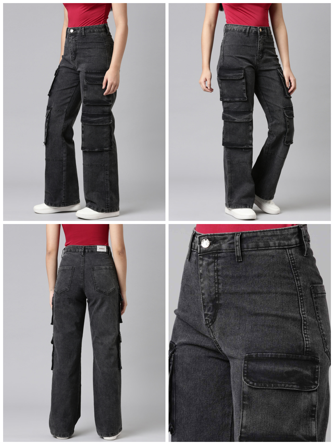 Ladies Washed Cargo Jeans Black
