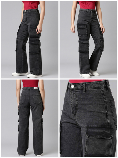Ladies Washed Cargo Jeans Black