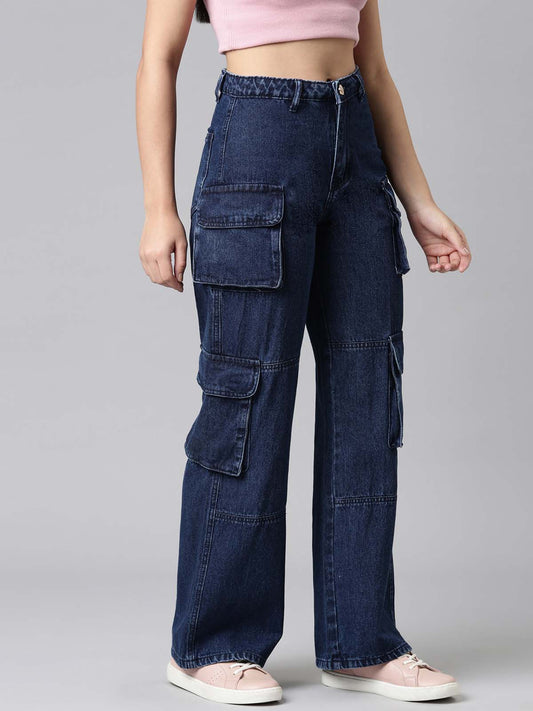 Ladies Washed Cargo Jeans Blue