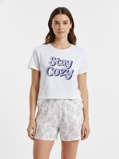 Ladies Printed Shorty Set White